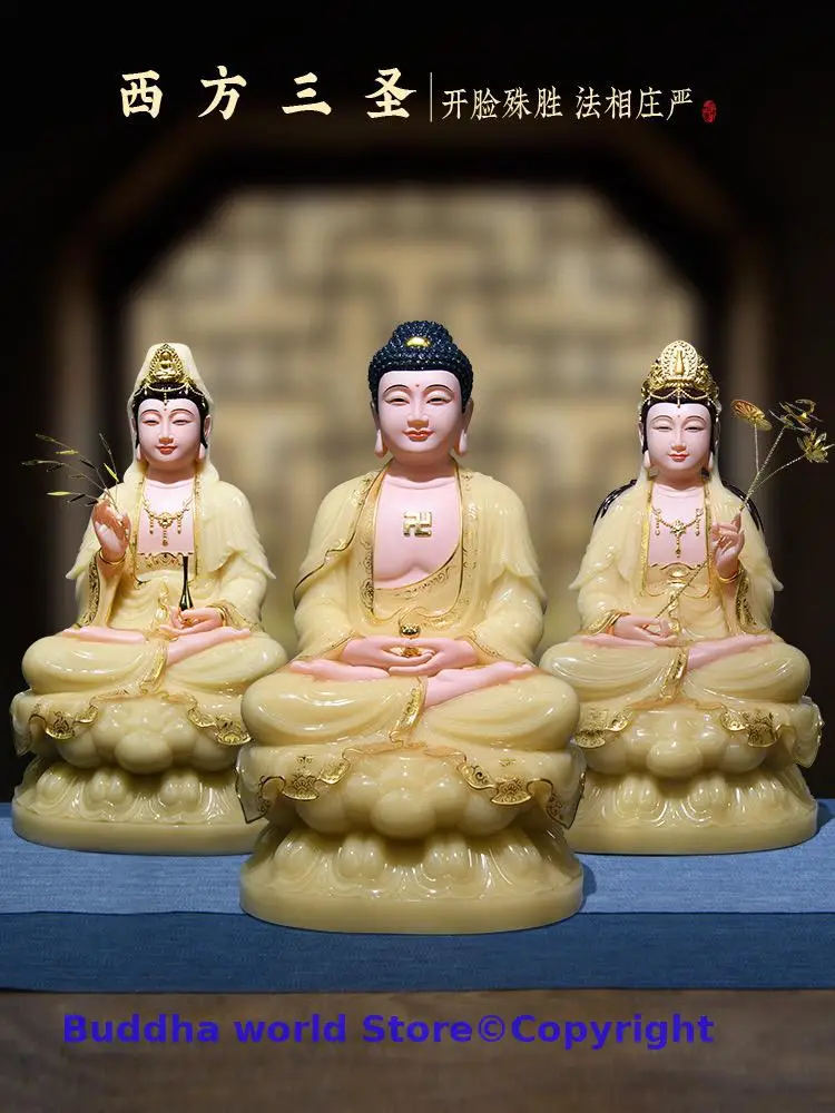 

3P HOME shrine worship protection High grade Jade XI FANG SANSHENG Buddha GOD statue Amitabha Guanyin Manjusri bodhisattva decor