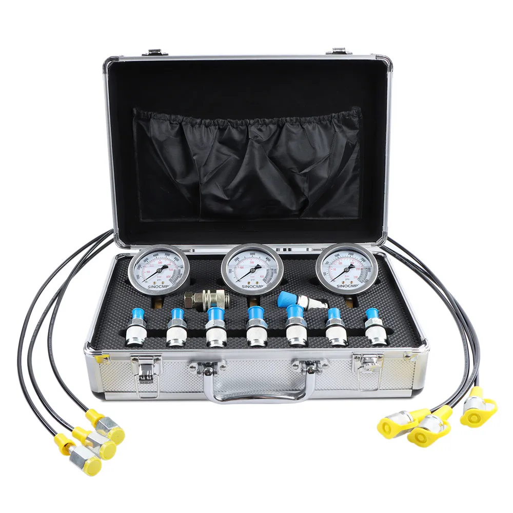 

Hydraulic Pressure Gauge Test Kit Diagnostic Tool 3 Gauges 25/40/60Mpa Hydraulic Point Tester Coupling Gold Aluminum box