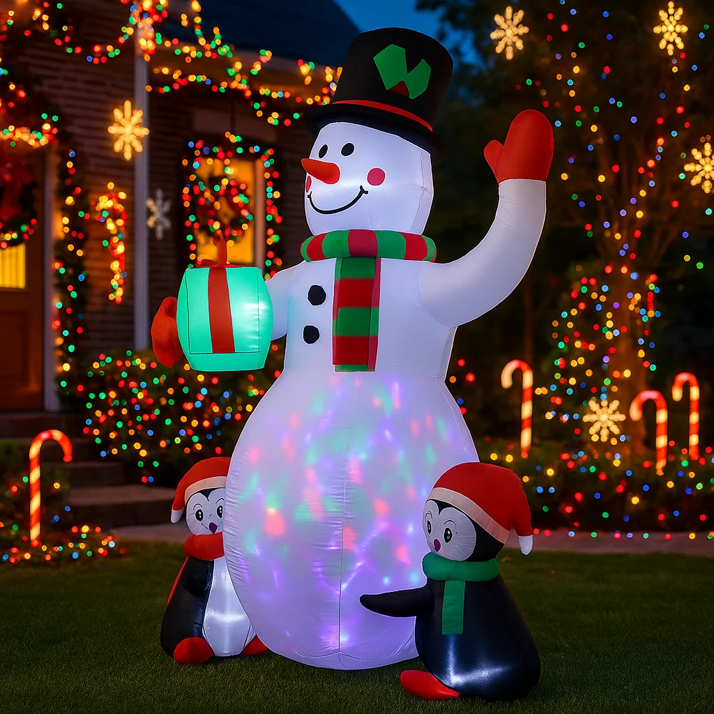 6FT Christmas Decorations Inflatable Snowman Penguin Holding Cup Toys Home Yard Ornaments with LED Lights Outdoor Indoor Party