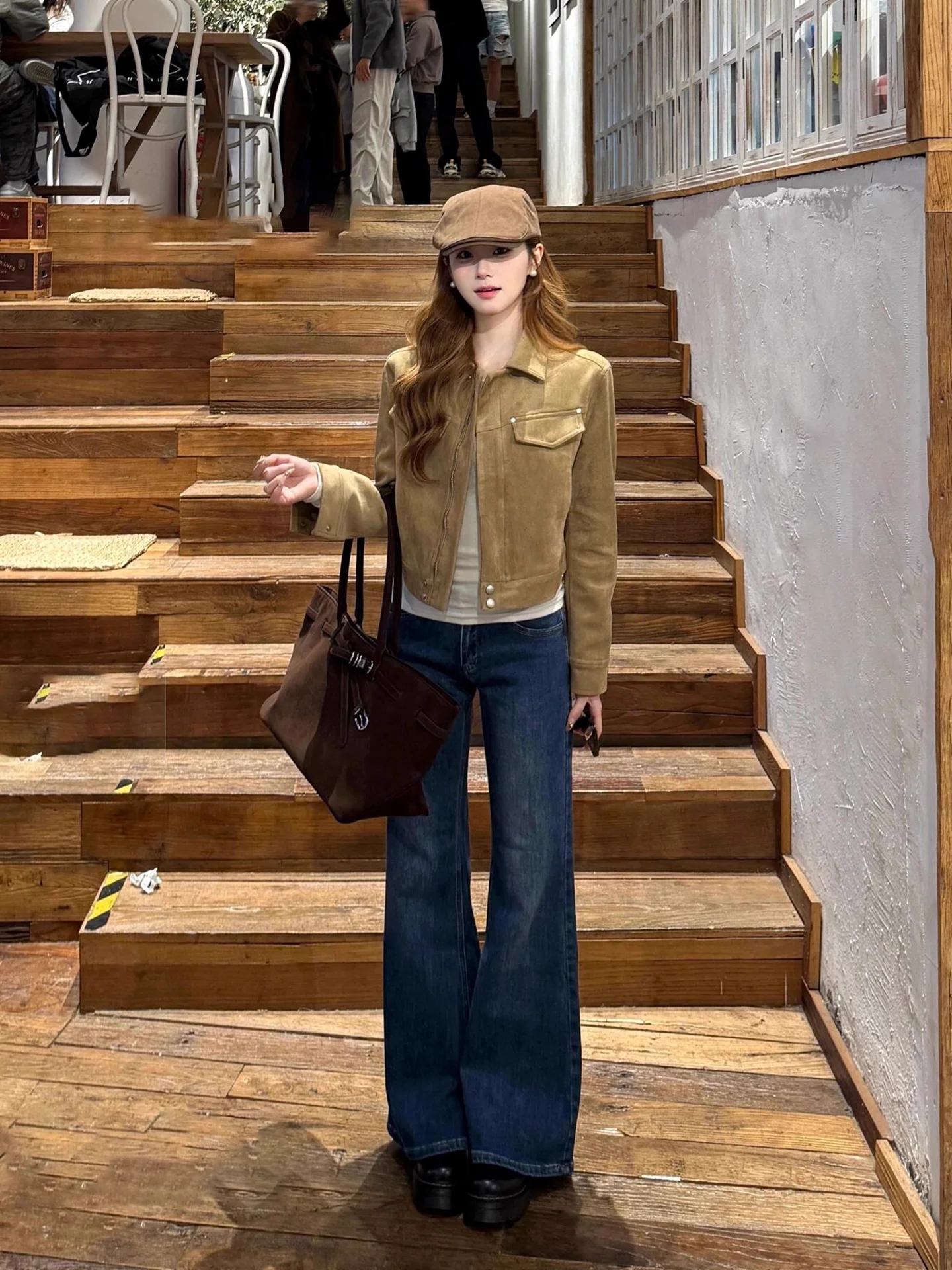 Retro American Brown Suede ort Jaet Women's Loose Personali Motorcycle Jaet Top Autumn Winter Faion Ele