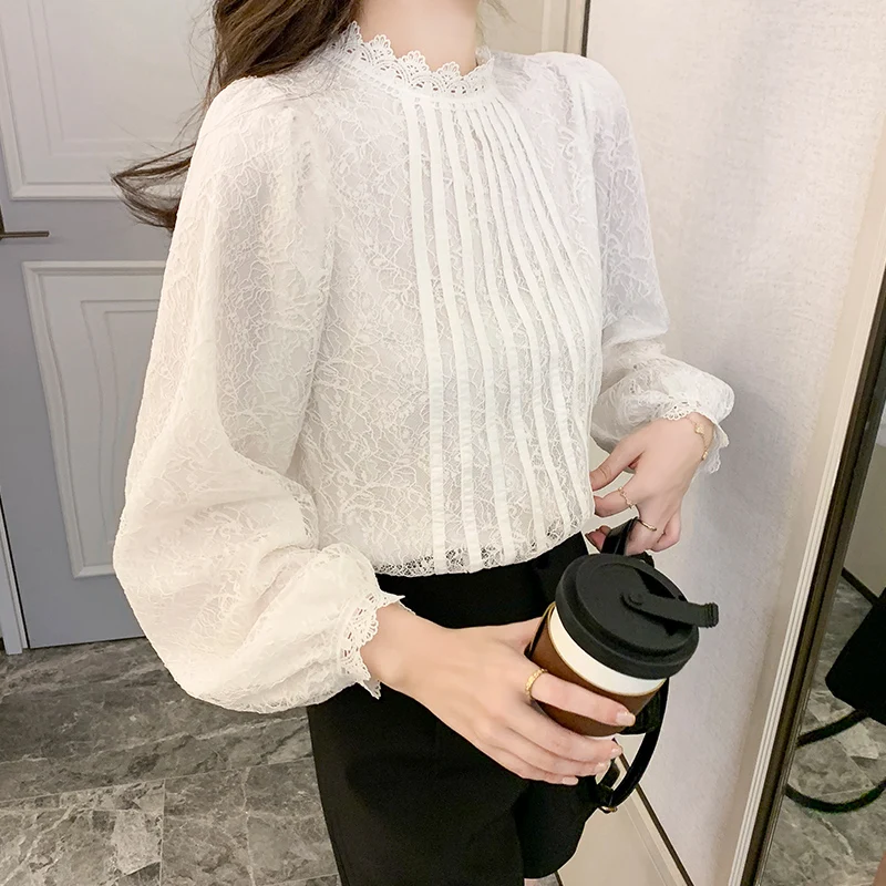 Spring Women’s Long Sleeve White Lace  Blouse Shirt Fashion Stand Up Collar Blouse Women Tops Blusa Mujer Moda 2024 Blusa H474