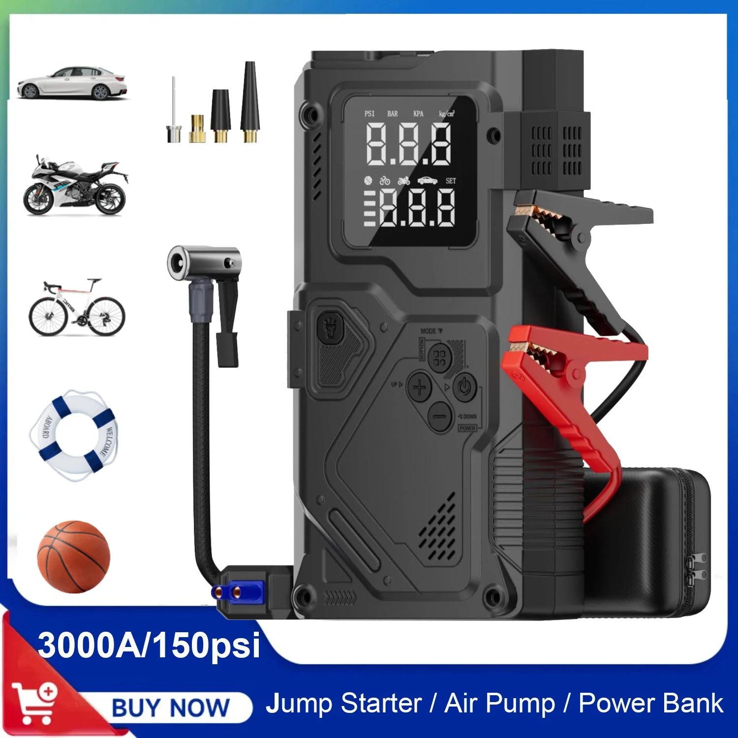 

Car Jump Starter with Air Compressor 3000A Jump Starter with150PSI Air Pump Auto Tire Inflator, LED Light, for Cars