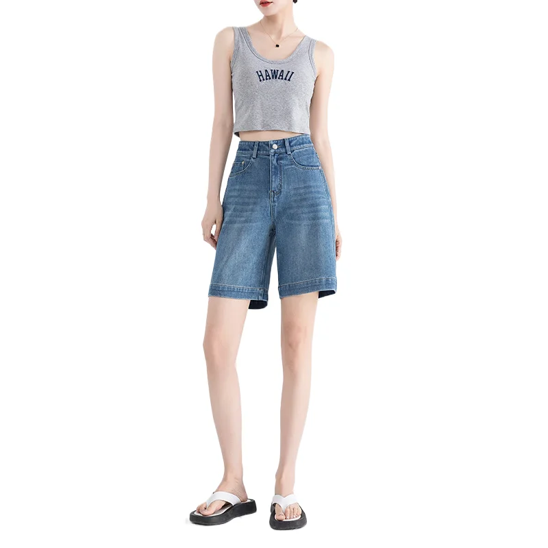 

Women's Summer Chic Cool Denim Shorts. Casual High-waisted Stretch Straight Half Length Pants. Korean Version of Loose Short Jea