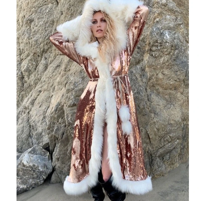 Women Faux Fur Coat Hooded Jackets Halloween Cosplay Costumes LED Jacket Sequins Warm Winter Fluffy Light Up Party Overcoat