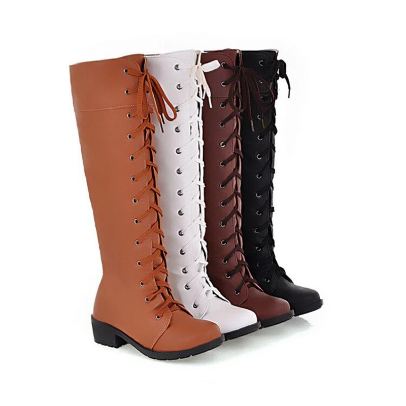 Knee High Boots Women Fashion Round Toe Thick Heels Lace Up White Black Brown Long  Motorcycle Boots Shoes Plus Size 43 44 886-3