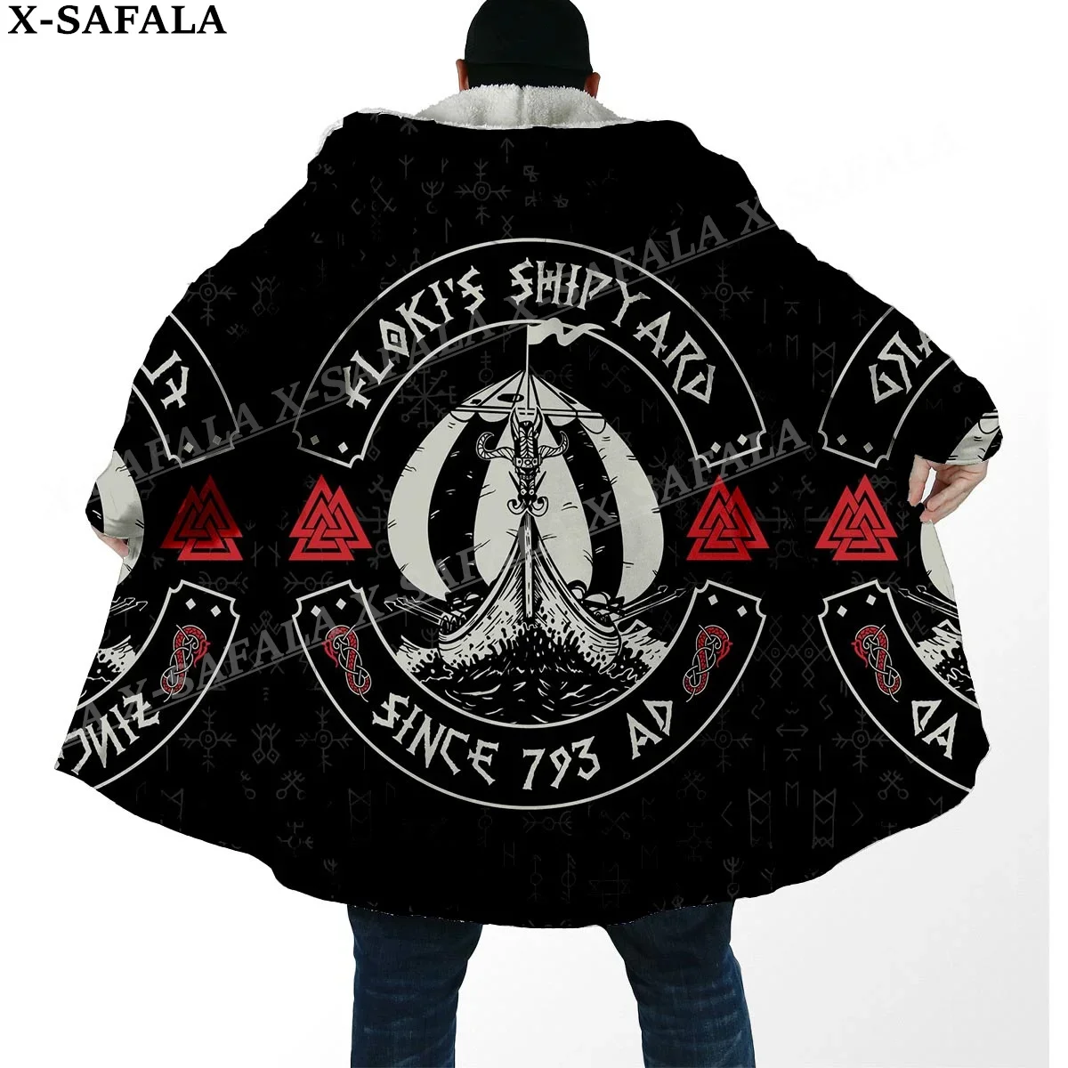 Viking Odin Tattoo Symbool Totems Art Dikke Warme Kapmantel Mannen Overjas Jas Winddicht Fleece Cape Gewaad Capuchon Deken-7