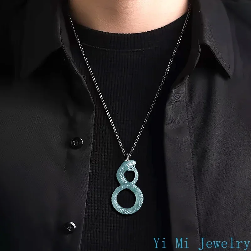 Natural A-goods Jadeite Snake Pendant Black Mamba Memorial Necklace Icy Jade Men and Women Models Fashion Jewelry Pendant