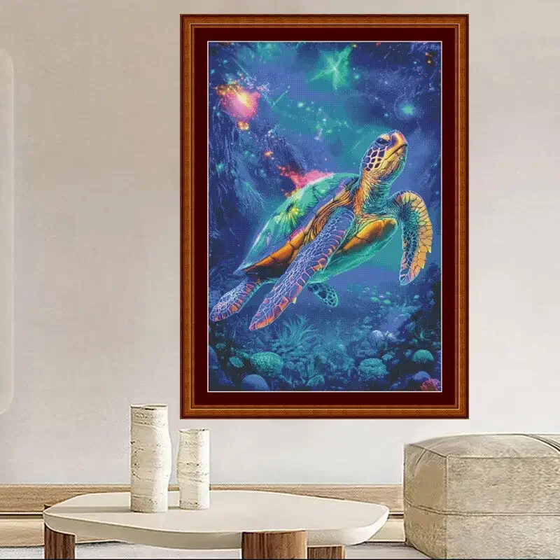 Stamped Cross Stitch Kit 11CT 14CT 16CT 18CT Pre Printed Canvas Cotton Thread DIY Embroidery for Wall Decor[ZZ8353-Neon Turtle]