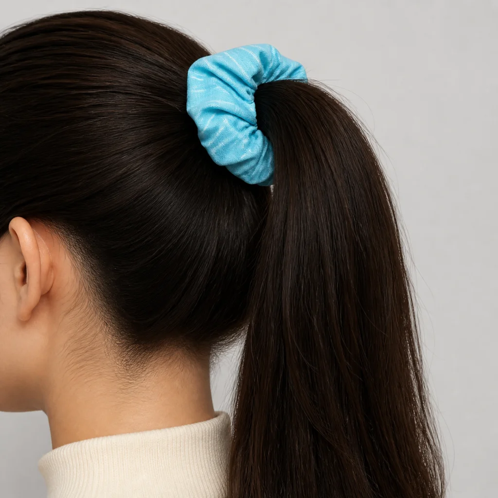 Aqua Blue Pinstripe Single-Layer Scrunchie Handmade Oversized Hair Tie 3