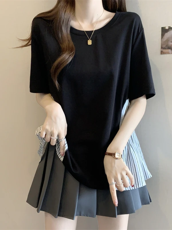 

plus Size Retro round Ne Color Blo Striped ort Sve T-irt Women Summer Slimming Top oulder Level Matching irt