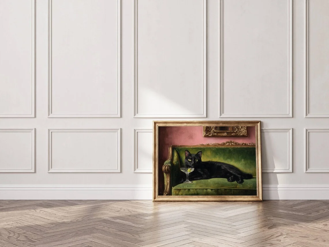 Black Cat Martini Oil Painting Print Regal Green Velvet Sofa Art Baroque Pink Wall Décor Whimsical Cocktail Lounge Cat Artwork, view 3