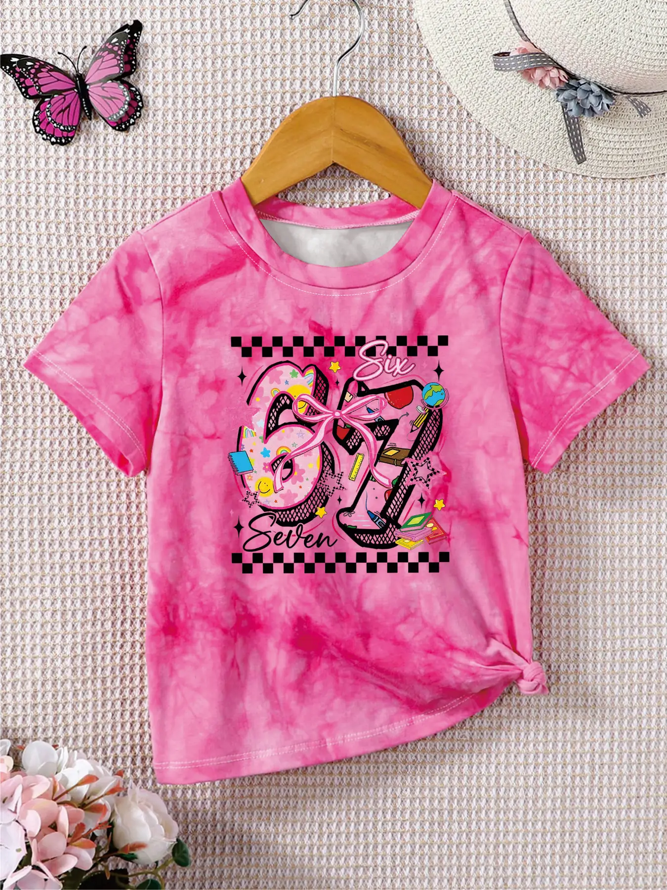 

Kids Girls Pink Tie-Dye Birthday T-Shirt, 6th/7th Birthday School Theme Number Print Tee for Party & Daily Wear