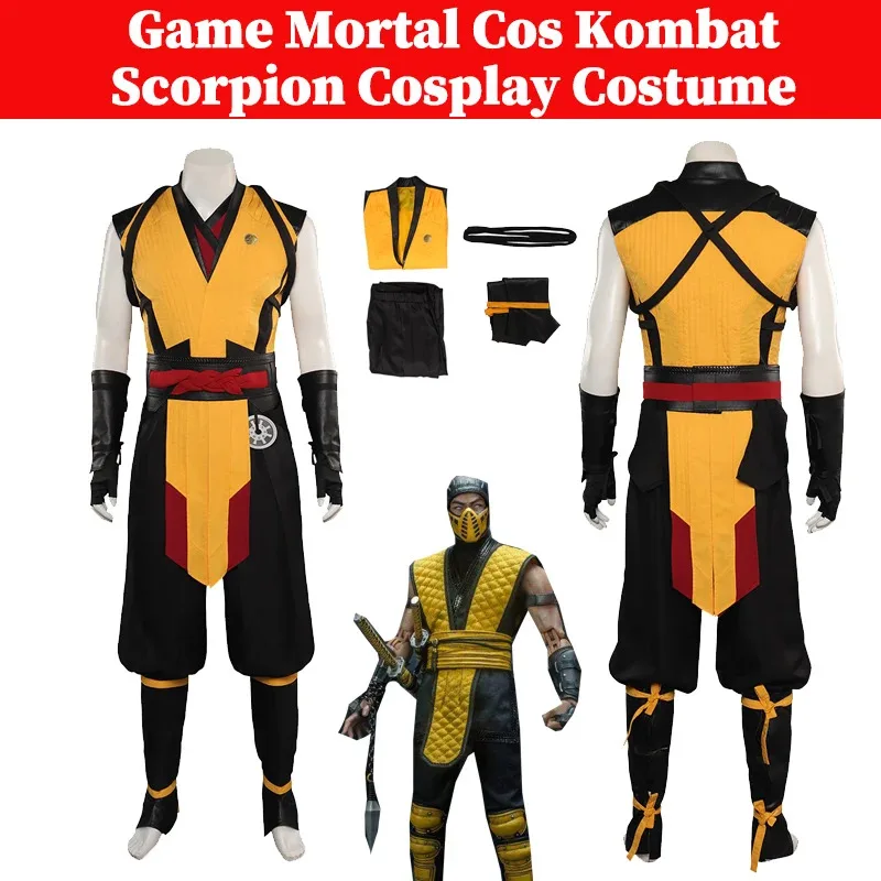 Kostum Cosplay Scorpion Permainan Mortal Cos Kombat Menyamar Pakaian Fantasia Roleplay Pria Dewasa Pakaian Pesta Karnaval Halloween