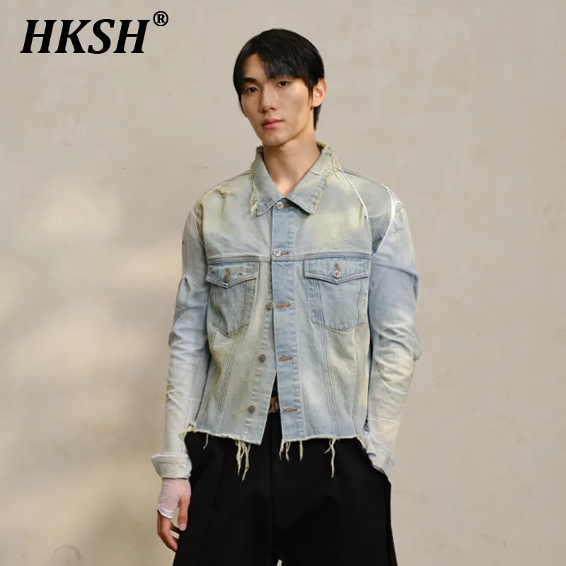 HKSH Autumn New Men's 3D Cut Destruction Mud Dyeing Denim Jacket Washed Short Width Stylish Retro Fashion Punk Chic Coat SHK2993