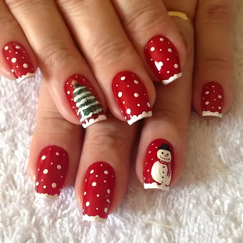 

24Pcs Long Square Press on Nails - Red Base with White Polka Dots, Green Christmas Tree and White Snowman | Christmas