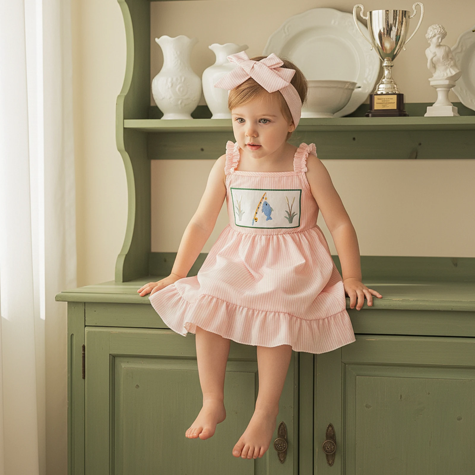 Baby Girl Dress Sleeveless Square Neck Fish Embroidery Dress Toddler Dress with Headband Set