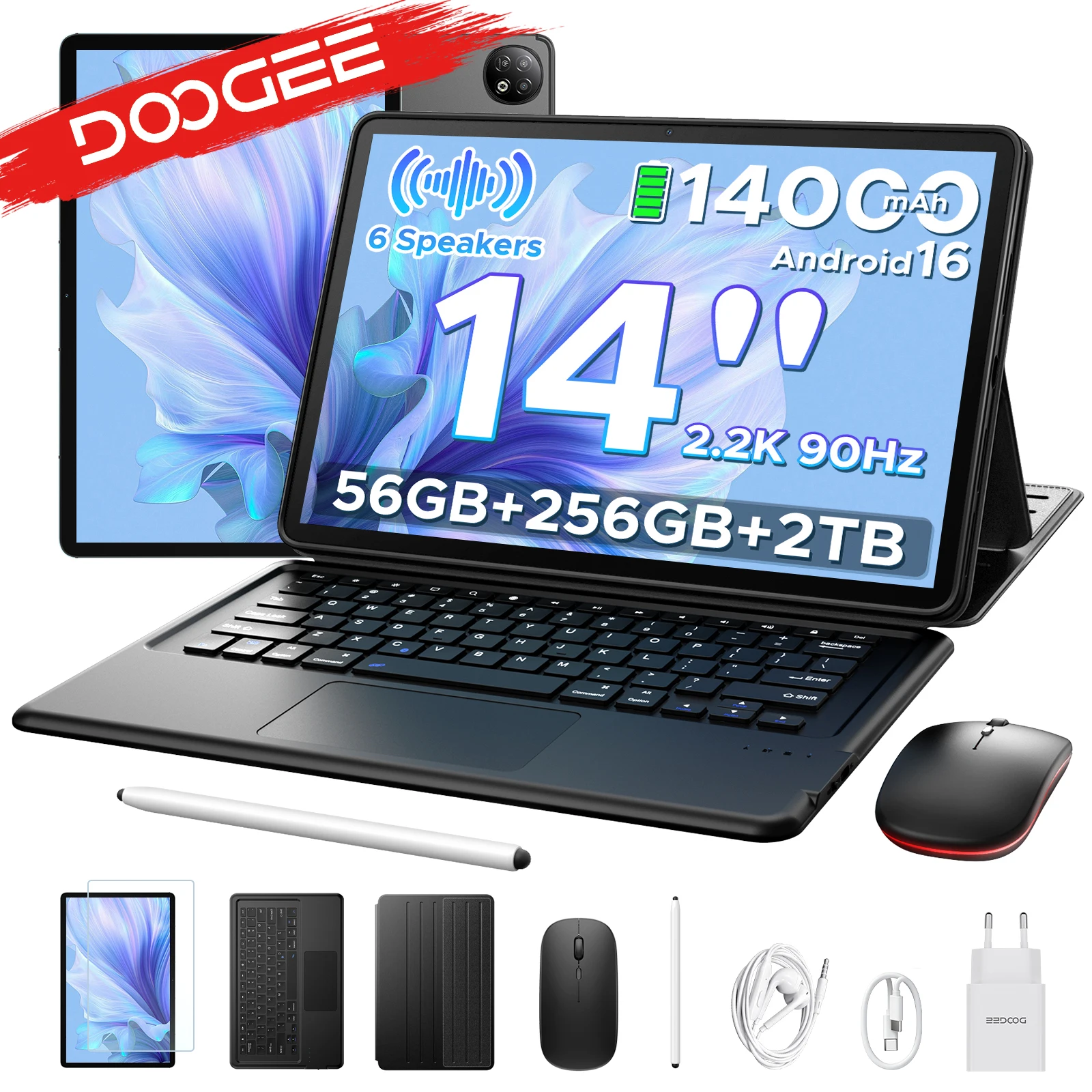 DOOGEE U14 - Tablet - 56 GB RAM (6+50 GB) + 256 ROM (2TB/TF) - GAMINI AI - 14 inch 2.2K+90 Hz - 14000 mAh/33W - 6 Speakers - RK3576S AI - 16 MP+8 MP - Android 16 - WiFi 6 - OTG - Zwart