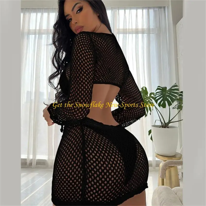 e56d 여자 중공 아웃 비키니 커버 업 승무원 해변 드레스 패션 크로 셰 뜨개질 긴 소매 수영복