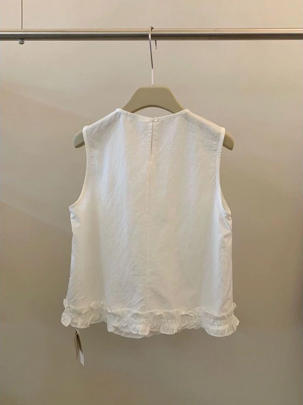 여름 신상 여성용 면 셔츠 민소매 나무 가장자리 헴 소형 사이즈 패셔너블 젊고 트렌디한 소형 탑