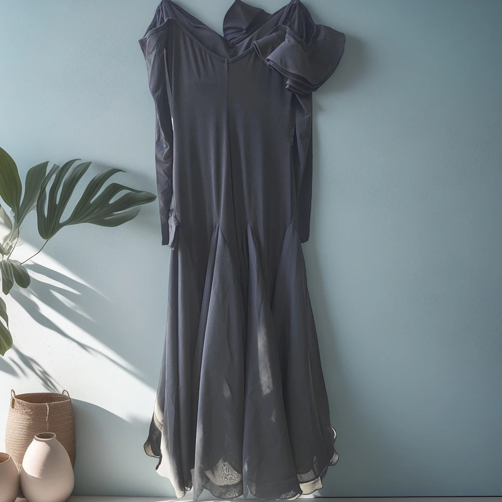 Sukienka na zawody tańca standardowego Walc Czarna Długi Rękaw Taniec Towarzyski Falbanki Nowa bordowa Sukienka do Ćwiczeń