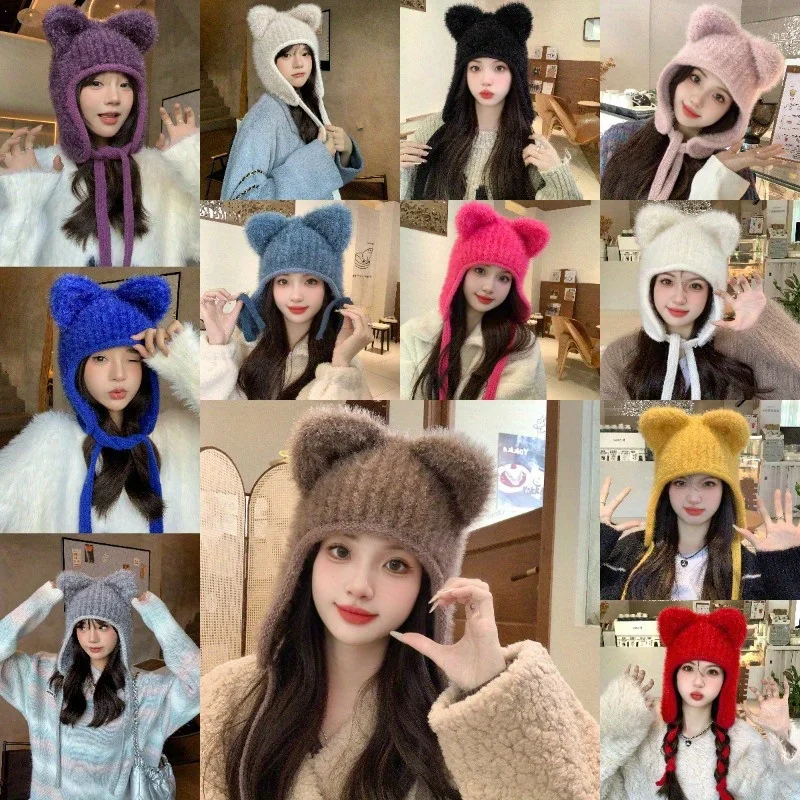 

Solid Color Cat Ears Knitted Hat Thickened Warm Ear Protection Beanies for Women Autumn Winter Skullies Head Wrap Cap