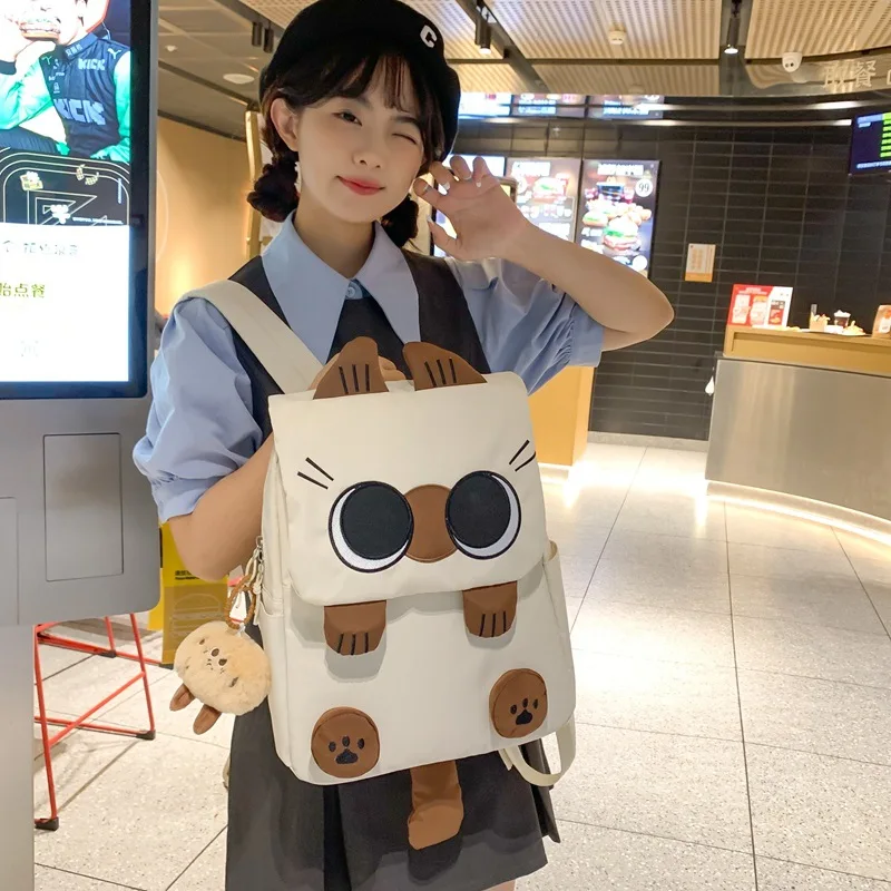 New in Korean Style Cute Cartoon Cat Nylon Backpack for Women Large Capacity Lightweight School Bag with Cute Pendant Unisex
