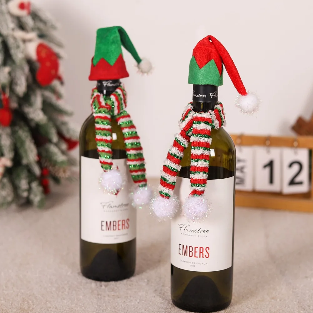 3Sets Nordic Style Christmas Wine Bottle Cover Simple Mini Wine Bottle Hat Scarf Exquisite Champagne Bottle Decoration