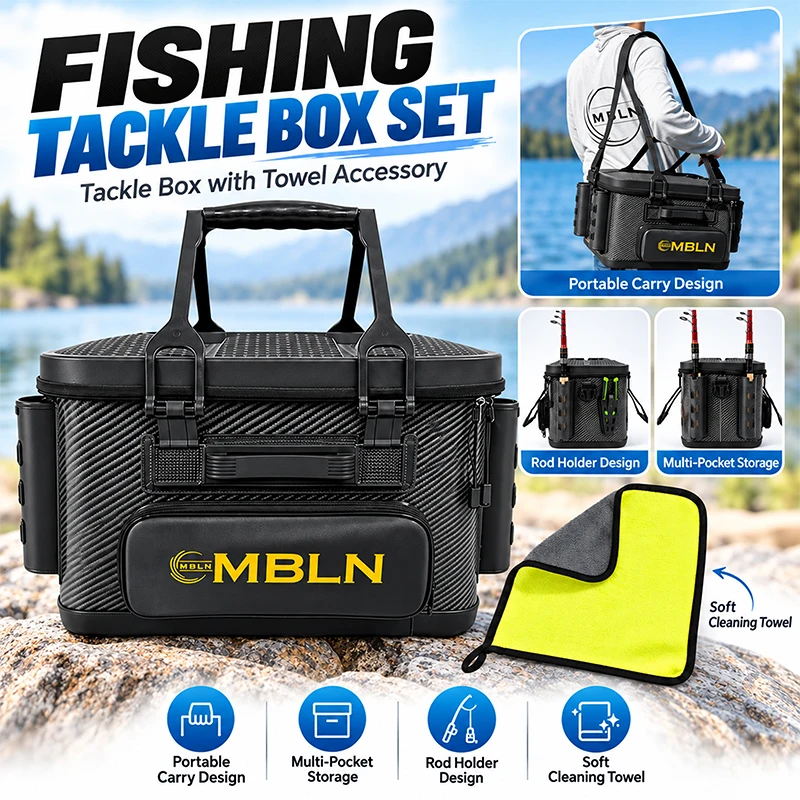 MBLN Angelkoffer mit Reinigungstuch – 70 kg schwerer Hartschalenkoffer, Eimer für lebende Fische, Rutenhalter und Schultergurt. – Detail 1