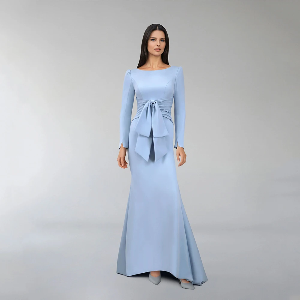 

Arya Classic Sky Blue Evening Dresses Jersey for Floor-Length Boat Neck Prom Dress Mermaid Bow Vestidos De Fiesta Customized