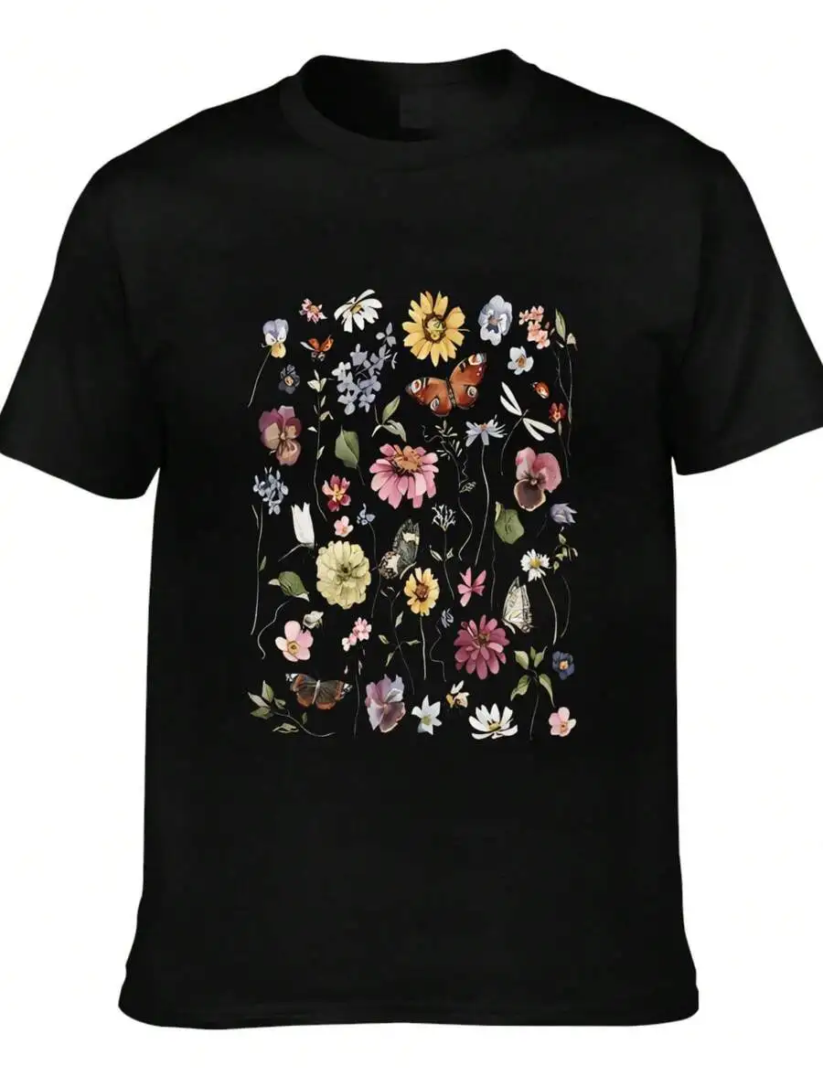 Camiseta unisex vintage con estampado floral de mariposas, informal, estilo bohemio, de manga corta para adultos