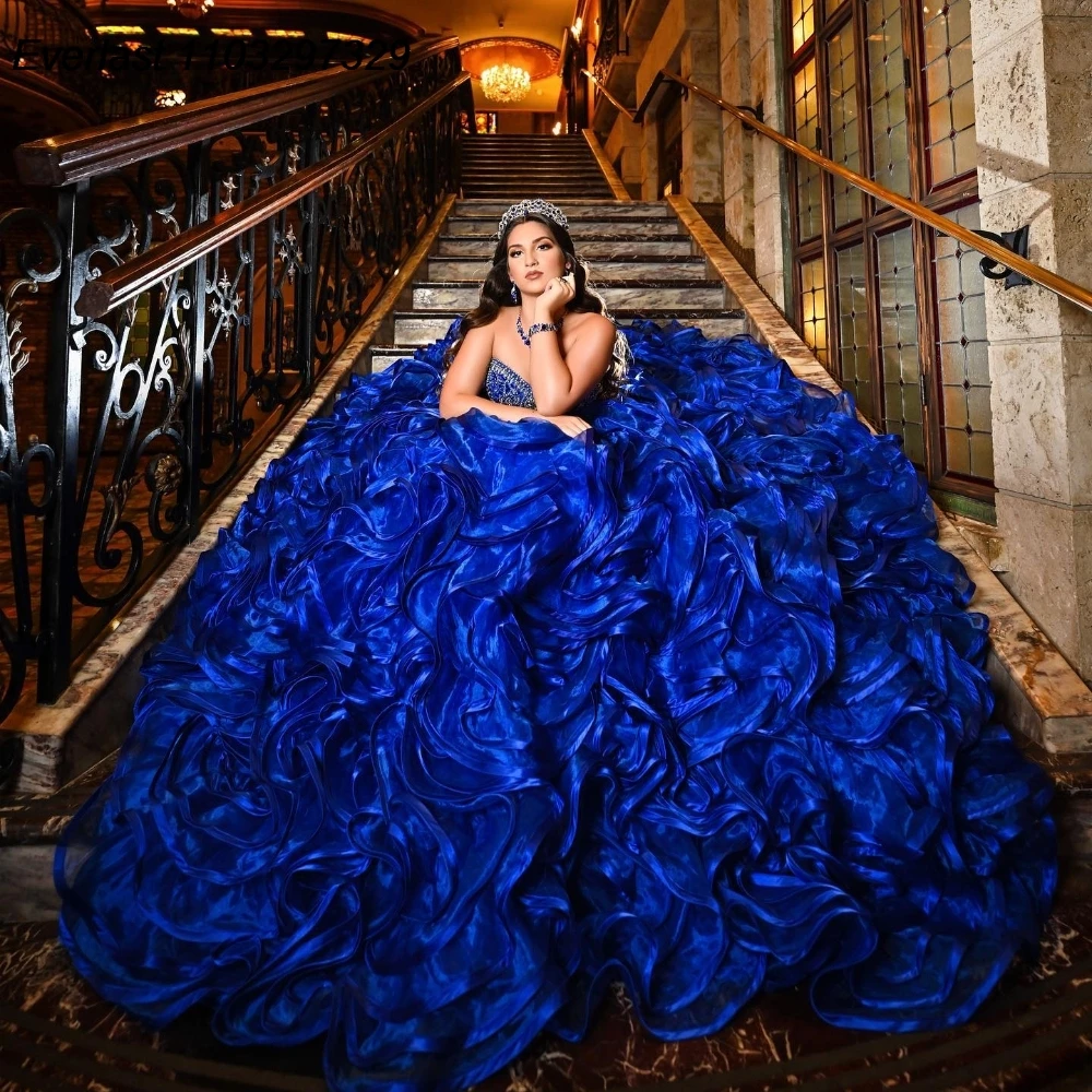 EVLAST Customized Royal Blue Ruffles Quinceanera Dress Ball Gown Beaded Tiered Sweet 16 Vestido De 15 Anos Customized QD1198