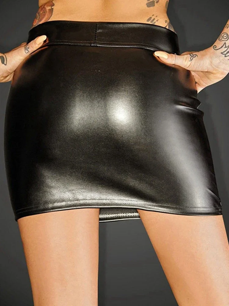 

Women Sexy PU Leather Mini Skirt Full Zip Ladies High Waist Stretch Black Matte Leather Bodycon Pencil Skirt Party Custom