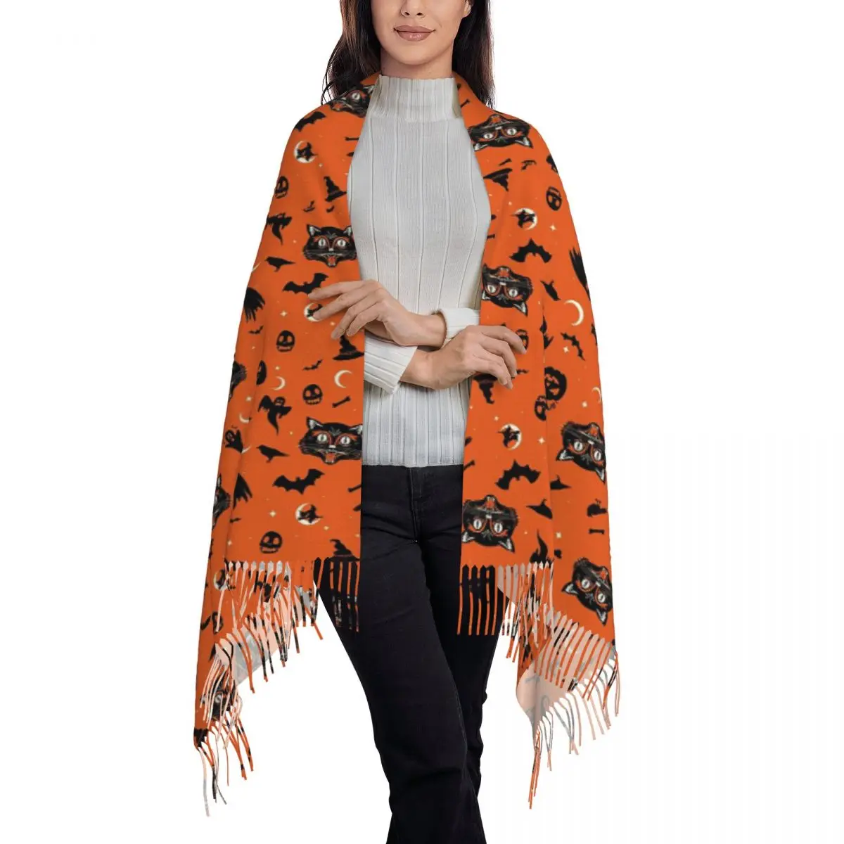 Black Cat Skull Bat Spooky Halloween Design Scarf Tassel Scarves for Women Soft Warm Shawls and Long Fall Winter Shawl Wraps