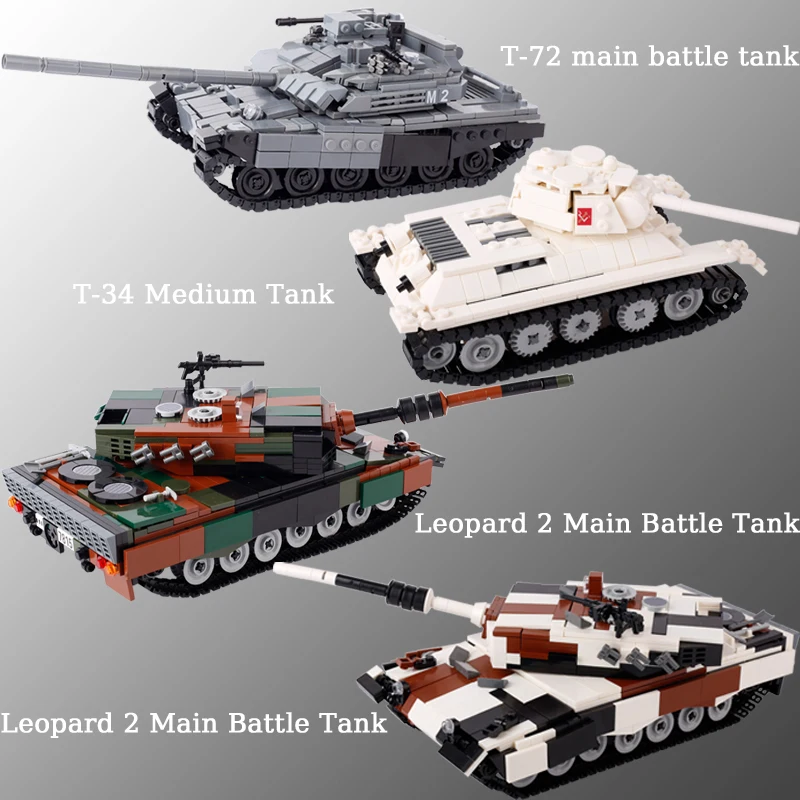 Military Vehicles Soviet T-34 Medium Tank Building Blocks Leopard 2 Main Battle Tank Germsn Soldier Armored Car Mini Models Toys