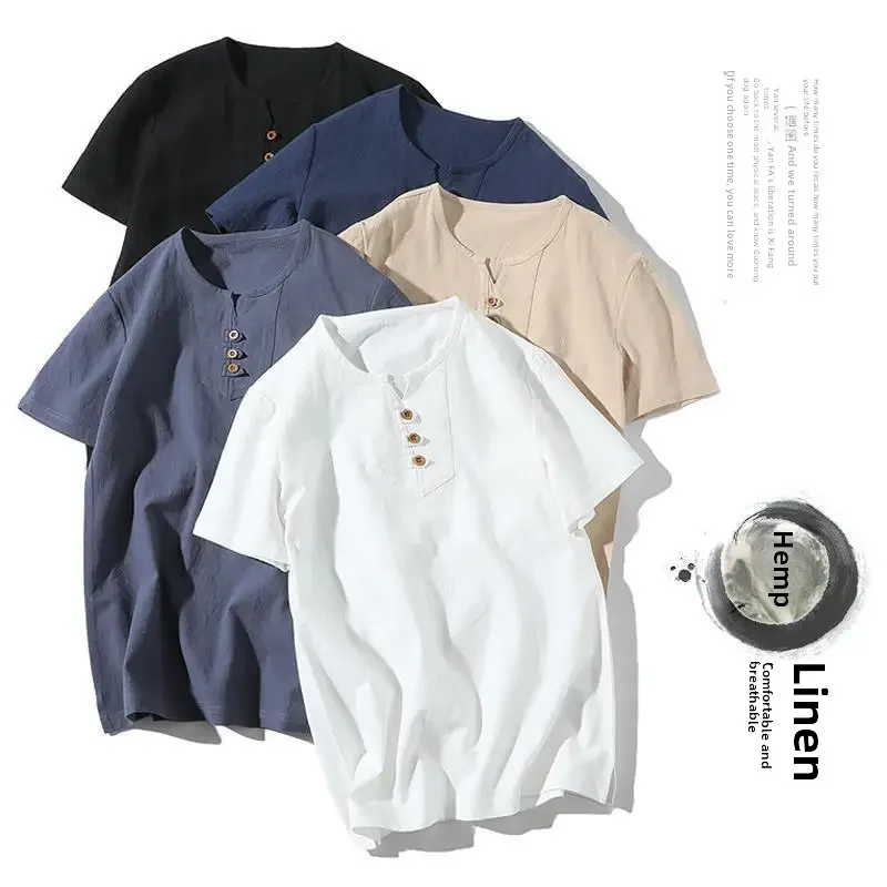 Summer Linen Short Sleeves Men's Chinese Style Suit V-neck Cotton Linen T-shirt Trendy Casual Top Thin For Hot Weather