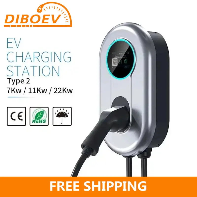 EV Charging Station 32A 22KW 3Phase EVSE Wallbox IEC62196 Type2 Electric Vehicle Car Charger with RFID Card APP EV Home Charger