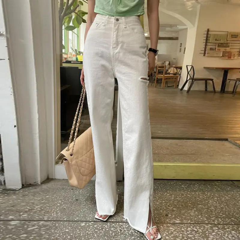 

High Waist One Button Waed Denim Jeans Summer Chic Versatile Hole Frayed Slit Wide Leg Long Pants Women's Faion