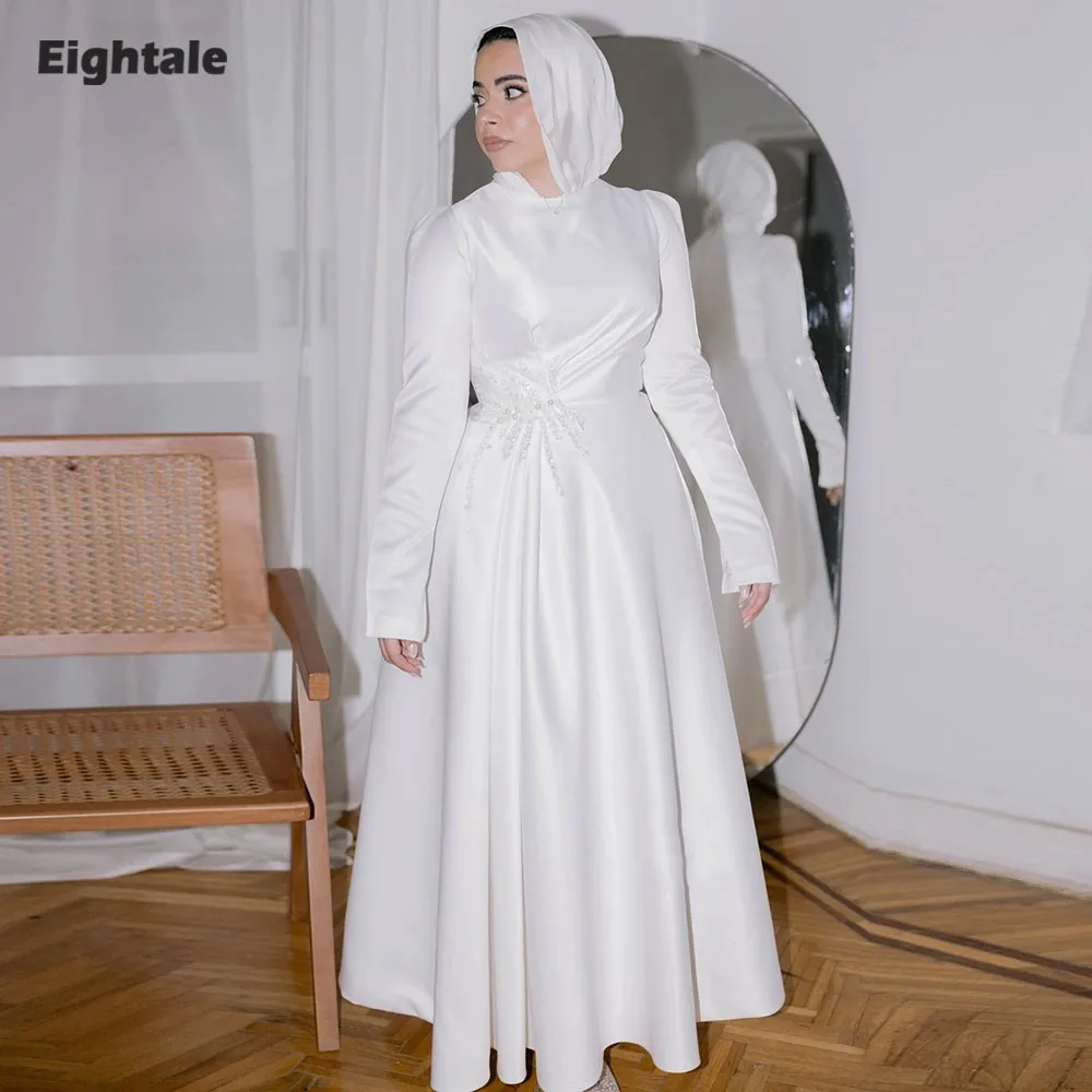 Vestido de novia árabe de Eightale, vestido de novia personalizado de color marfil con cuello redondo y apliques, vestido de novia musulmán hasta el té, vestido de fiesta de novia