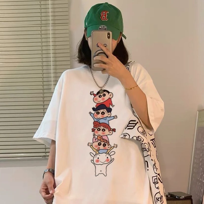 Camiseta de Algodón 100% con Estampado de Crayon Shin Chan y Amigos, Verano 2026, Unisex, Estética, Linda, con Gráficos de Anime, para Adultos y Niños