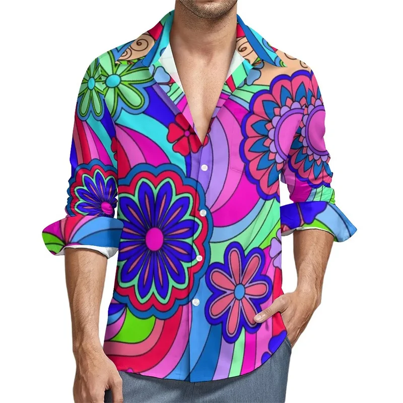 

Fashion Spring New 3D Printing Colorful Flowers Long Sleeve Shirts Men Ethnic Florals Graphic Blouses Vintage Y2k Clothing Tops