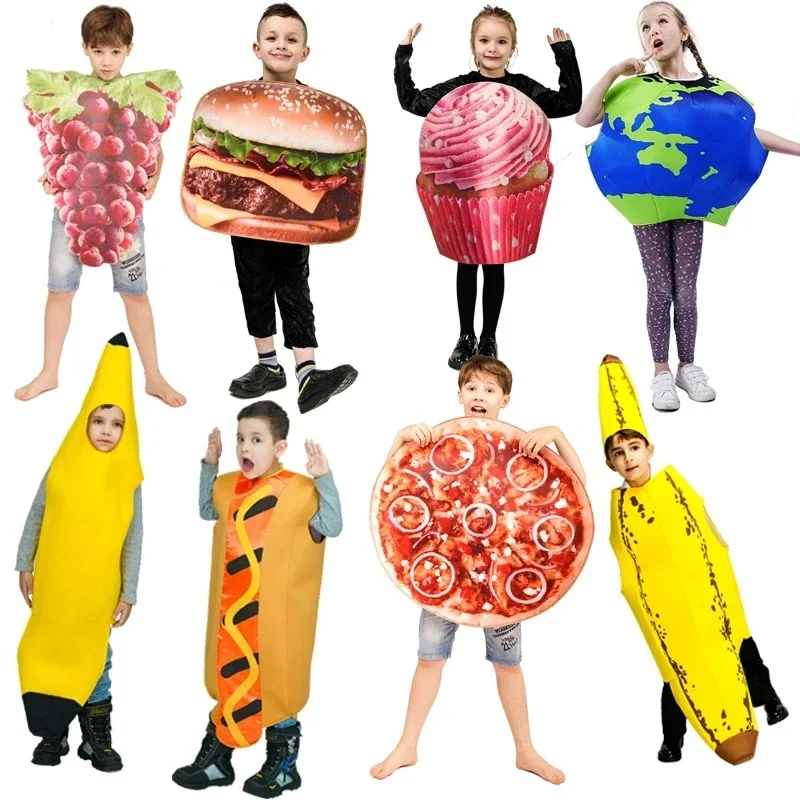 Puirm disfraz de Halloween para niños, mono de perro caliente, plátano, pastel de crema, hamburguesa, Pizza y tierra