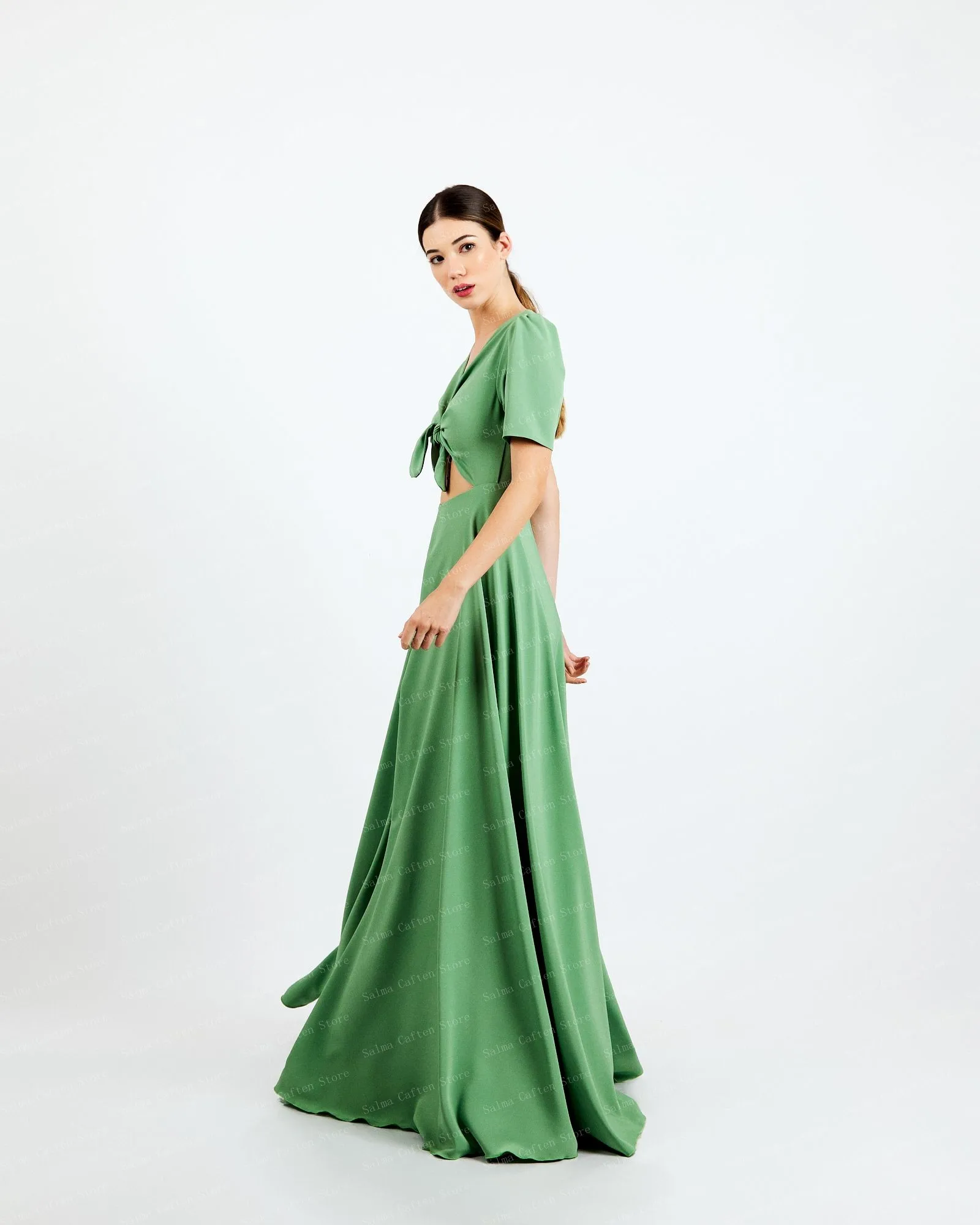 V-neck Satin Dress Short Sleeve Custom Made Evening Dresses For Women A-line Prom Gown Floor Length Green Dress With Slit