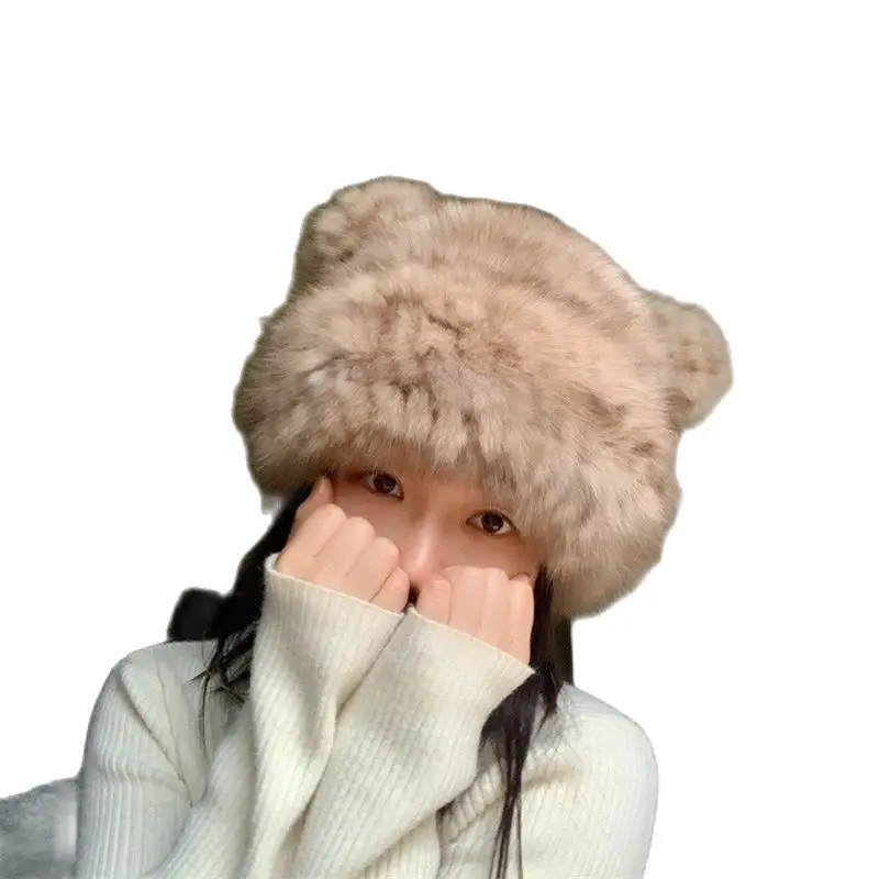 New Winter Women's Fur Bear Hat Luxury Mink Fur Thickened Warm Hat Outdoor High Quality Fluffy Knit Large Stretch Fur Hat