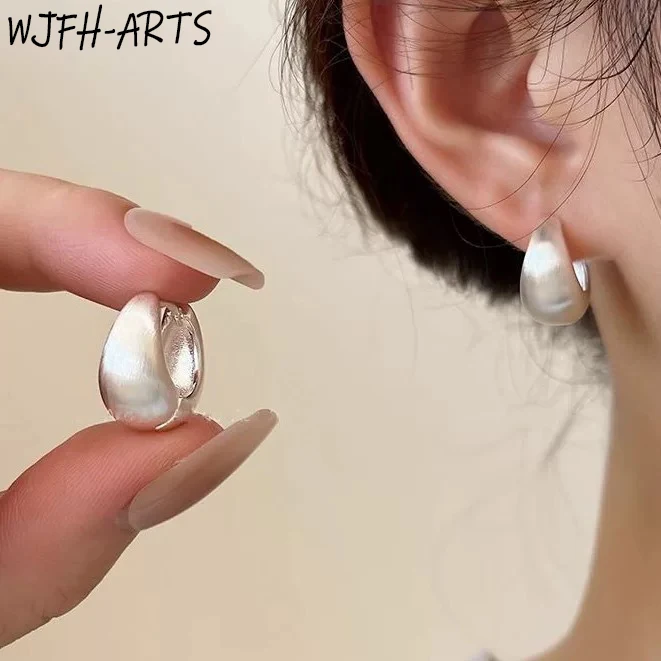 WJFH-ARTS 925 Silver-Plated Classic Brushed Metal Matte Round Earrings For Women Exquisite Daily Wear Hoop Earrings Jewelry Gift
