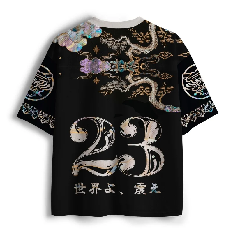 Oriental White Tiger Jersey Chinese Myth Cloud Pine Lotus V-Neck Unisex Short Sleeve Top