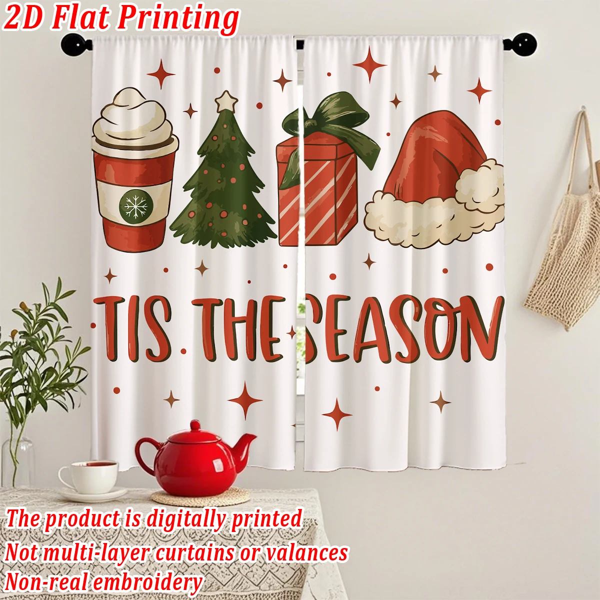 Christmas Flat Printing Kitchen Curtains With Christmas Tree Gift Box Hat Cup Star Snowman Holiday Home Door Window Decor