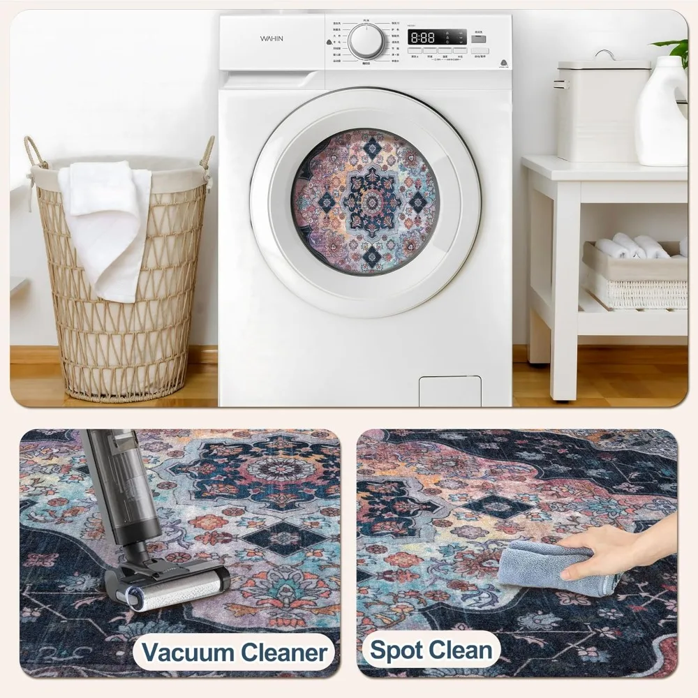 سجادة منطقة كلاسيكية قابلة للغسل مقاس 8 × 10، طباعة كحلي/متعددة، غير قابلة للانزلاق لغرفة المعيشة