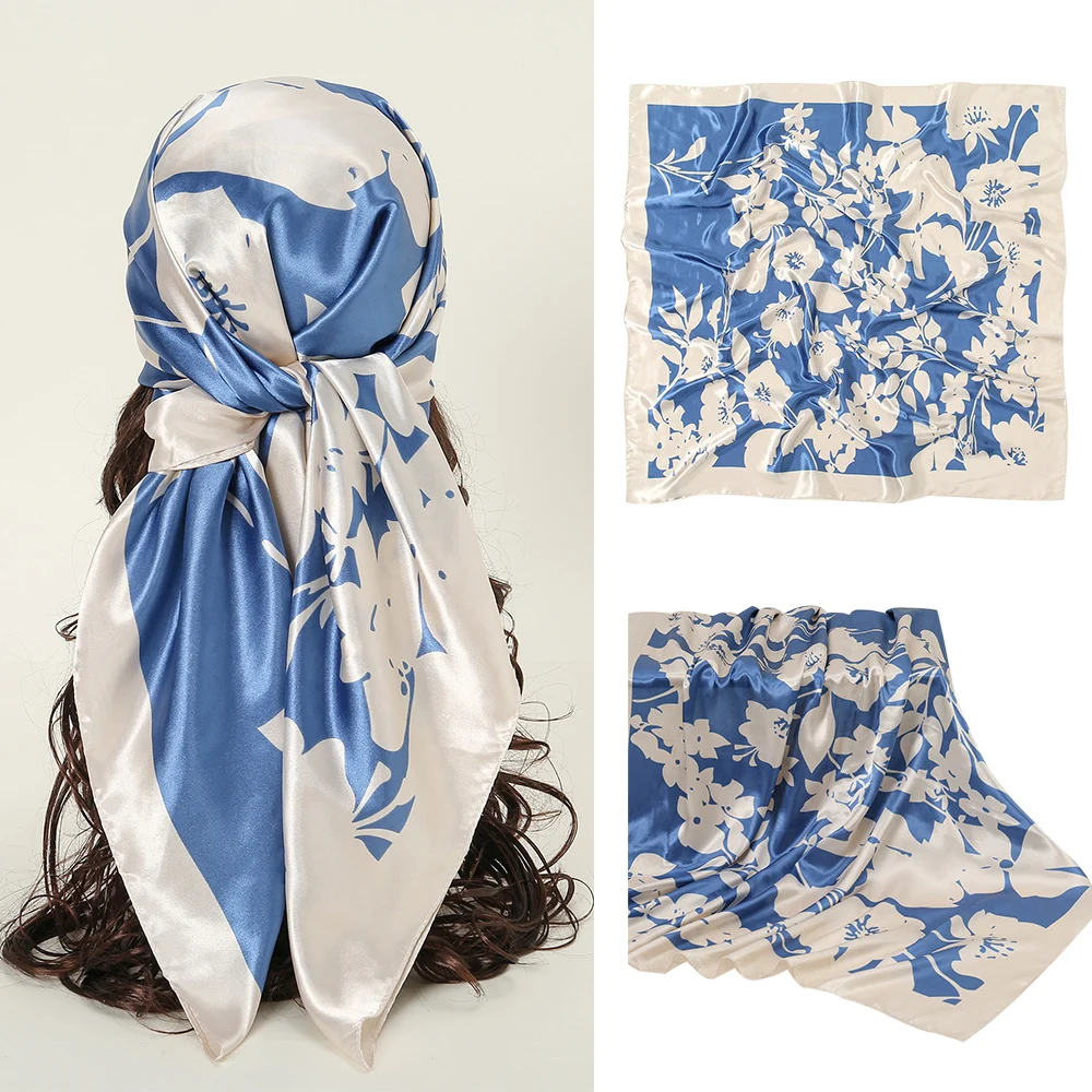 Fashion Square Satin Silk Scarf Summer Floral Printed Hijab Bandana For Women Headband Muslim Ladies Elegant Turban 90*90cm