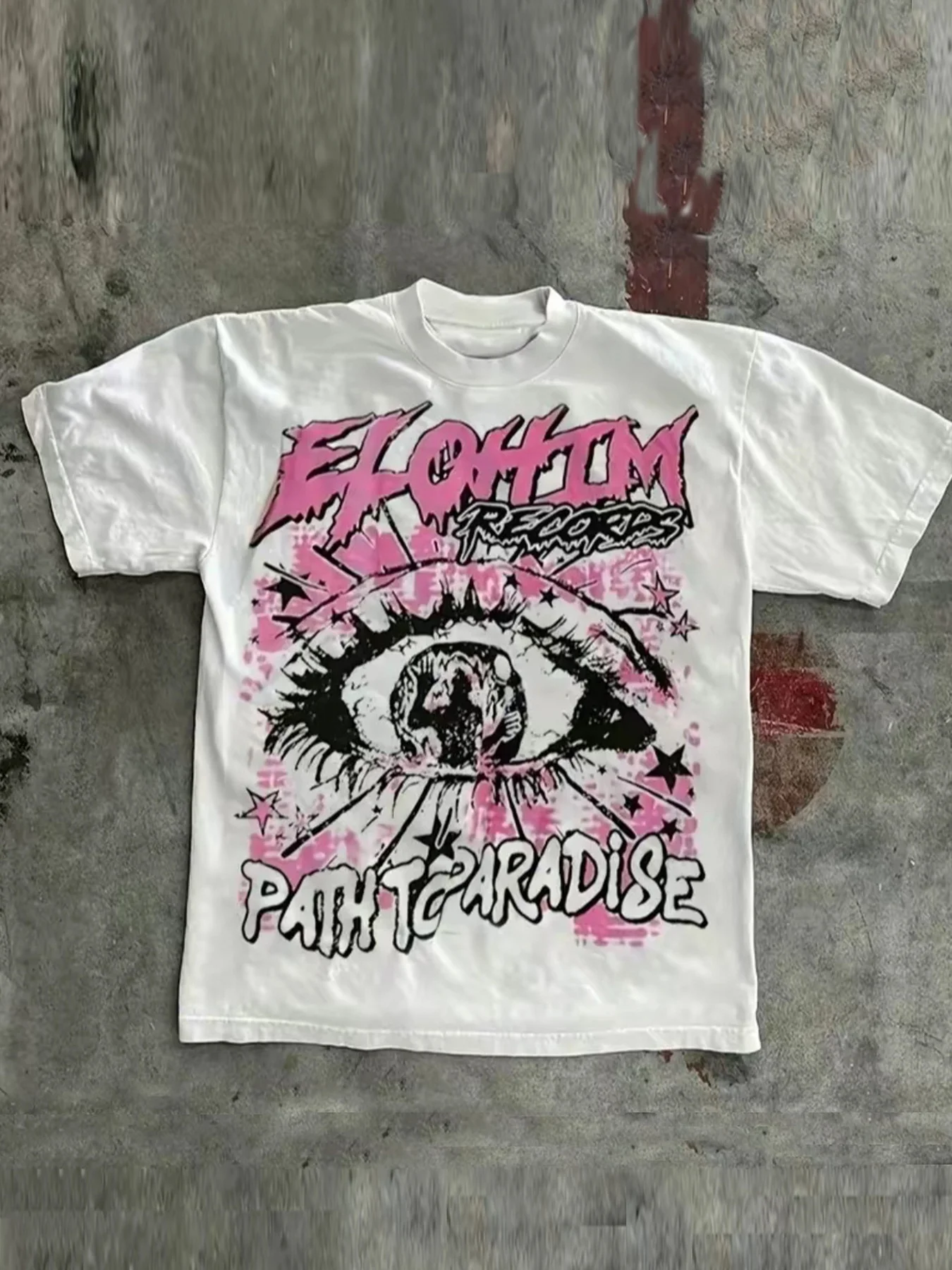 White Short Sleeve Graphic T-Shirt with Elohim Records Eye Path to Paradise Print for Teens, For Teenager