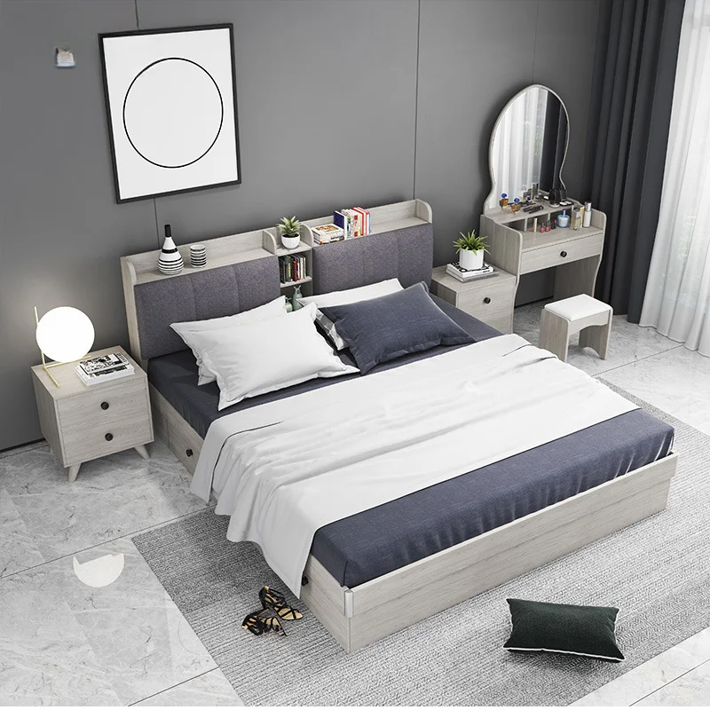 

Nordic storage high box bed simple modern economical bedroom 1.5 meters 1.8 bedroom size apartment with pumping bed